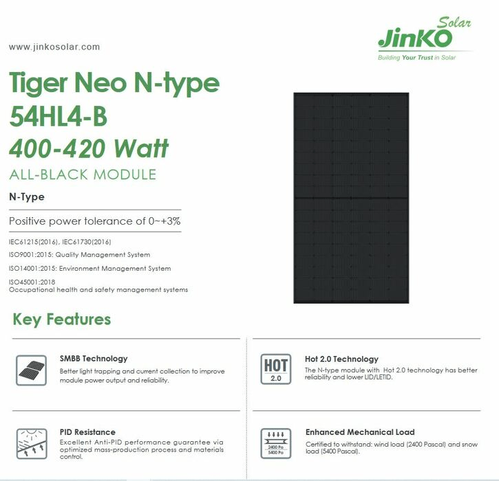 features of Jinko Tiger Neo 420-Watt N-Type All Black Monocrystalline Solar Panel